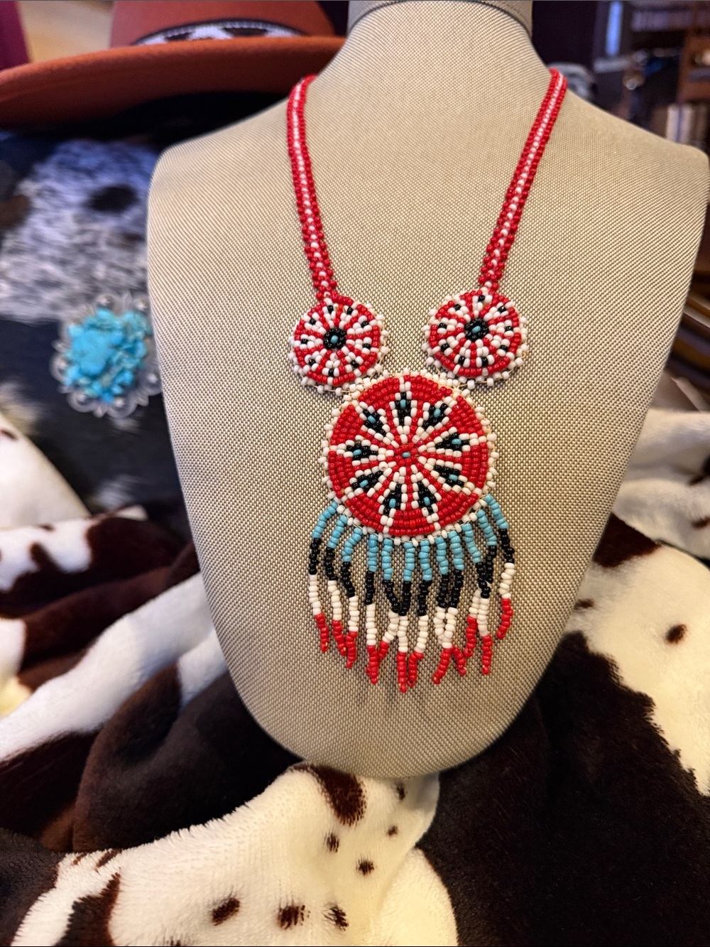 Handmade Red Beaded Triple Medallion Statement Necklace with Turquoise Accents
